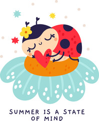 Cartoon ladybug card. Cute kids character. Beetles with polka dot. Ladybird sleeping on flower. Funny red insects dream. Children holiday. Happy flying animal. Summer vector poster design