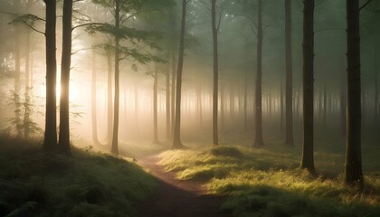 A forest clearing bathed in the soft light of dawn