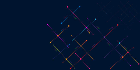 Digital technology blue background. Network technology and Connection concept. Circuit connects lines and dots. Decentralized network nodes connections. 