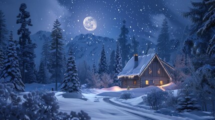 Winter Wonderland Scene: a cozy cabin nestled among the pines. Capture the peaceful beauty of a snowy Christmas night. 