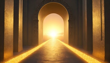 A pathway of golden light leading to the gates of upscaled 3