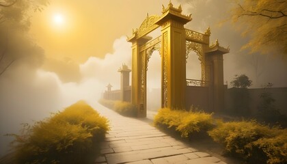 A pathway of golden mist leading to the gates of p