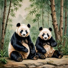 A painting the sweetness of two lovely panda bears amidst a lush bamboo forest.