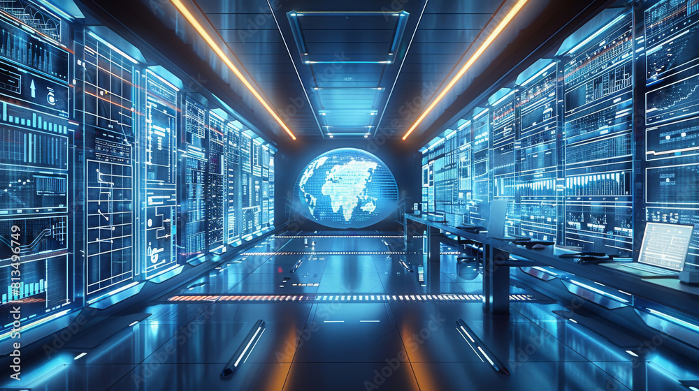 Leinwandbilder future technology office, a futuristic office with holographic displays , surrounded by digital data