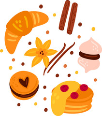 Bakery card. Tasty confectionery. Pastry baking. Sweet cake or cookie. Food products. Culinary spice. Cinnamon and vanilla. Meringue or pancake. Chocolate biscuit. Vector dessert cooking