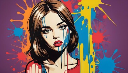 Craft an image of a pop art girl with paint splatt upscaled 4