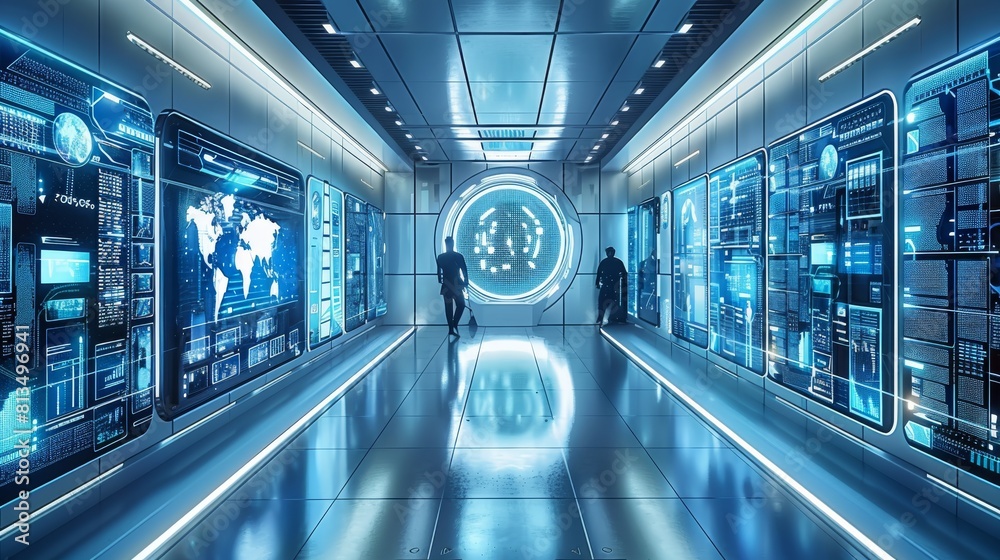 Leinwandbilder future technology office, a futuristic office with holographic displays , surrounded by digital data