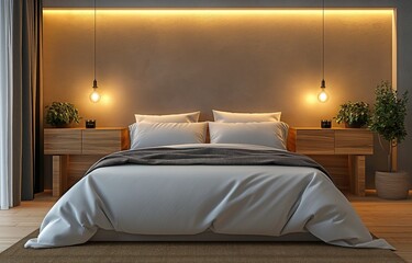 Intimate bedroom with subtle wall lighting and wooden bedside shelf.