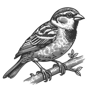 recommend clip art: sparrow perched on a branch, rendered in black and white with fine line work sketch engraving generative ai fictional character raster illustration. Scratch board imitation. Black and white image.