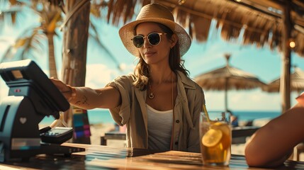 Casual Stylish Woman Paying at Tropical Beach Bar. Modern Vacation Lifestyle. Contactless Payment Technology in Use. Summer Holiday Scene. AI