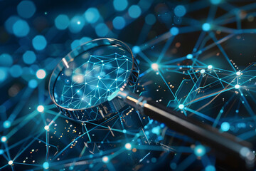 A magnifying glass inspecting network components, symbolizing the investigation of network problems 