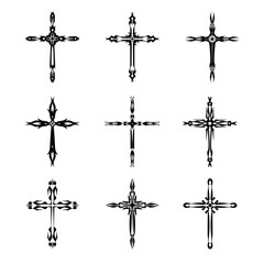 Fototapeta premium Christian cross vector icon symbols. Abstract christian religious belief or faith art illustration for orthodox or catholic design. The symbol of the cross in various designs used in tattoo.