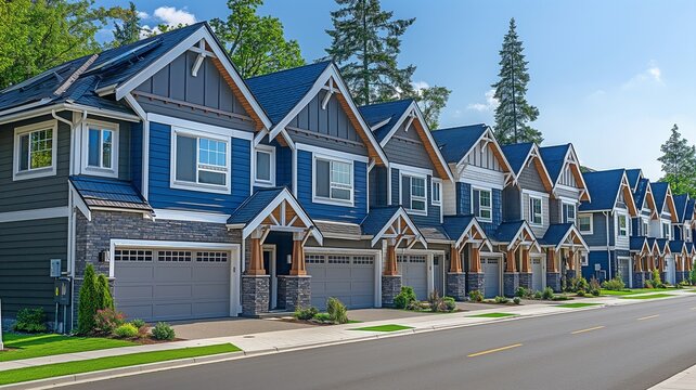 Row of newly built townhomes for sale.