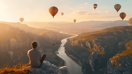 Serene Landscape with Hot Air Balloons and Solitary Figure. A Moment of Reflection at Sunrise. Nature, Travel, and Inspiration. AI
