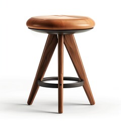 Minimalist modern wooden stool with a rounded top and tapered legs, isolated on a white background.