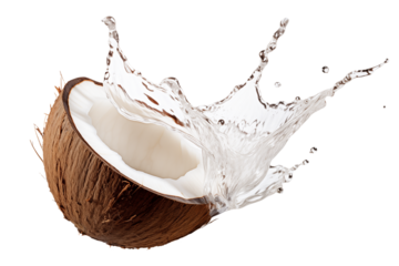 Levitation of broken coconut in water splash isolated on a transparent background.