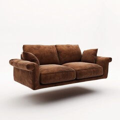 Elegant three-seater sofa in brown suede with oversized armrests and cushioned back, isolated on white.