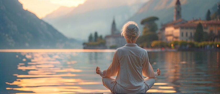 Serene Menopausal Woman Practicing Yoga on Lake Como in the Morning Light for Heart Health & Wellness