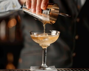 A bartender expertly straining a cocktail into a chilled coupe glass, super realistic