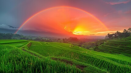 Spectacular Rainbow Over Verdant Terraced Rice Fields at Sunset in Jatiluwih