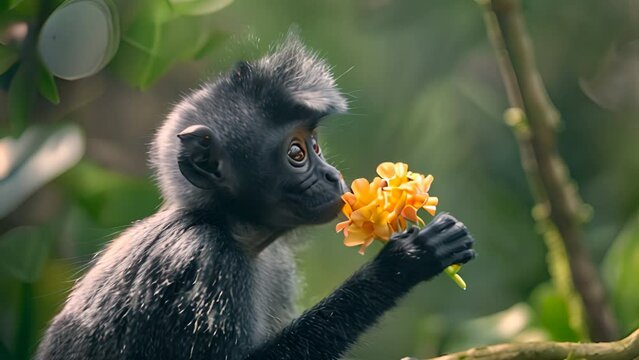 Silver Leaf Monkey or Silver Lutung Monkey Trachypithecus cristatus reaches out for a yellow flower to eat.