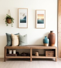 A modern and minimalist wooden bench with rustic vases, podiums for displaying artwork or accessories, framed wall art in earthy tones, soft lighting from windows. 