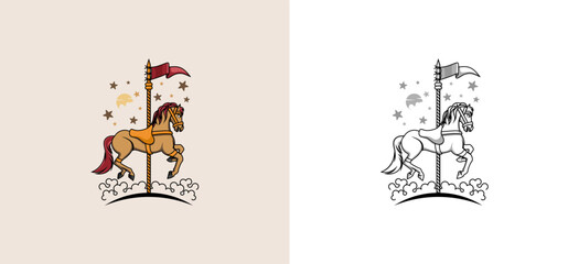 Vector illustration of classic carousel horse logo design with sketches and colorful colors © SlametWahono