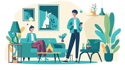 A cozy isometric living room with a TV, couch, coffee table, plants, and people relaxing. The room is decorated in a modern style with pops of color.