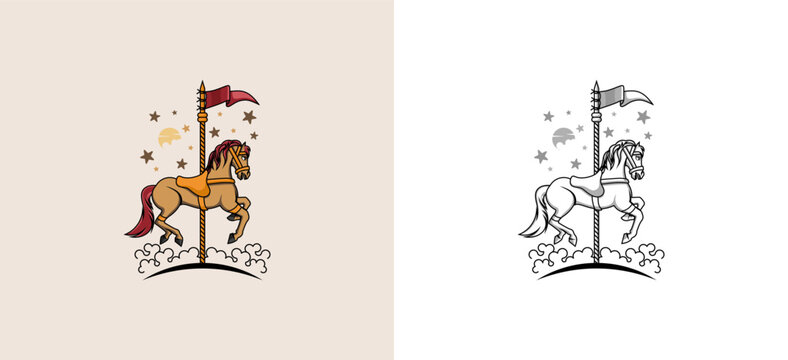 Vector illustration of classic carousel horse logo design with sketches and colorful colors