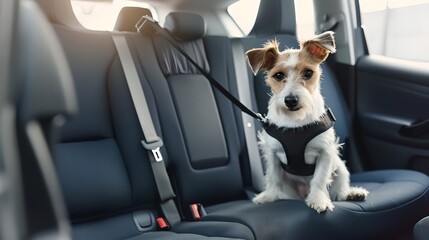 Adorable Jack Russell Terrier seated safely in a car, secured with a harness. Pet-friendly travel subject captured in a modern vehicle interior. AI