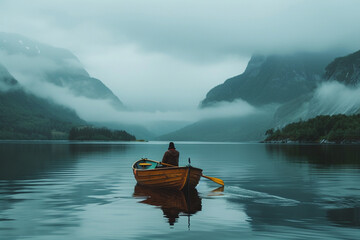 A man rows a boat on a Norwegian fjord 