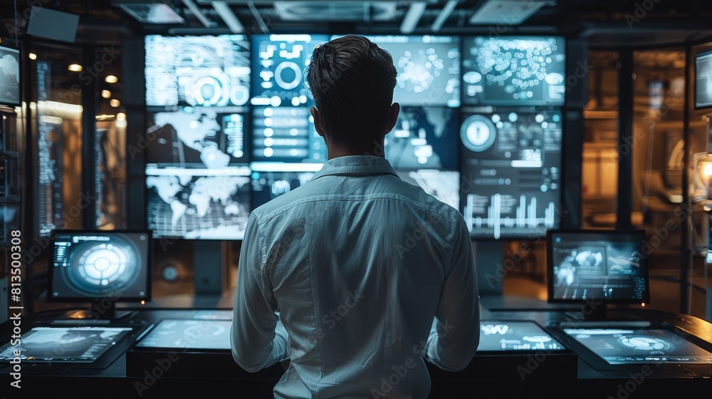 Poster Man in front of multiple modern screens, controlling tasks with touch screens. Generative AI.
