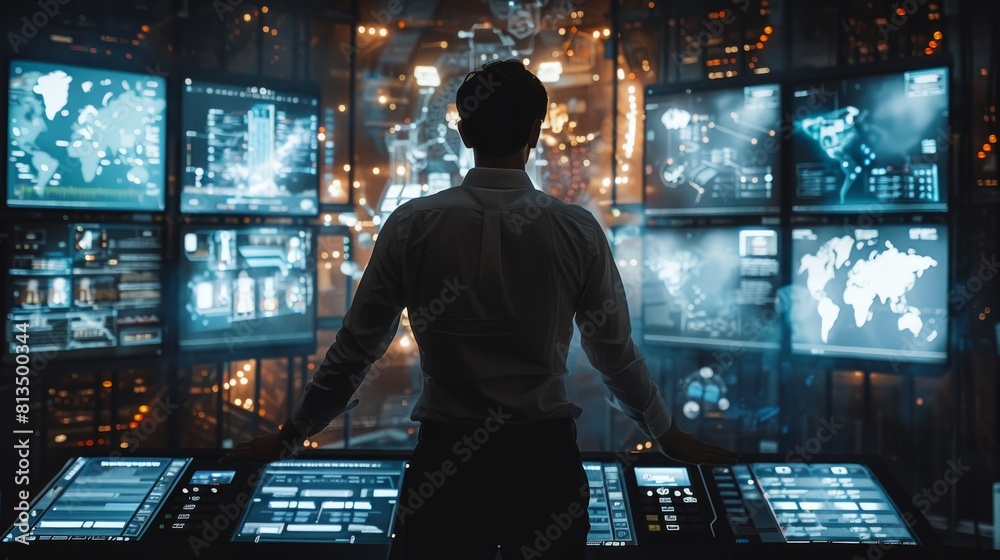 Poster Man in front of multiple modern screens, controlling tasks with touch screens. Generative AI.