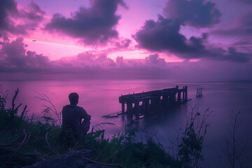 A man sits on the grassy hill overlooking an old pier that is floating in the ocean, the sky above...