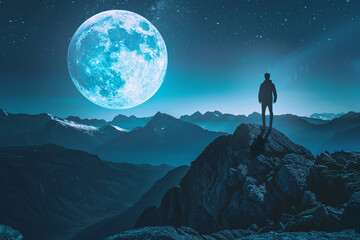 A man standing on the moon, moon over the mountains, silhouette of a person on the moon