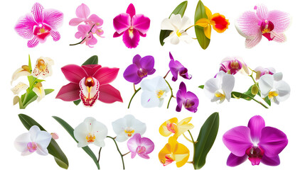 Set of exotic orchids including phalaenopsis, dendrobium, and cattleya, isolated on transparent background