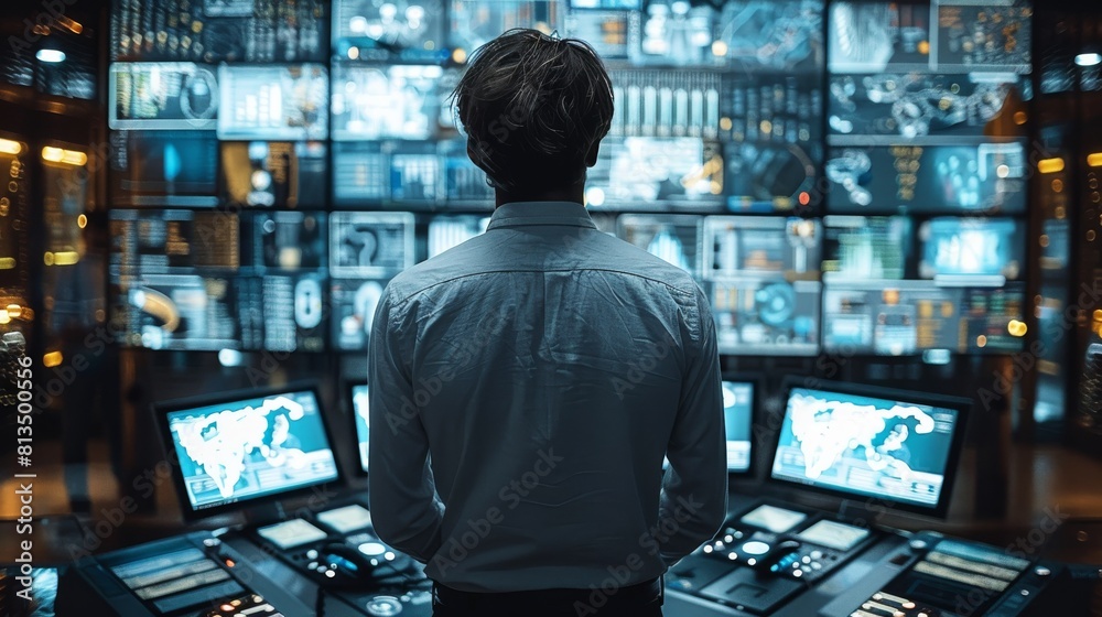 Poster Man in front of multiple modern screens, controlling tasks with touch screens. Generative AI.