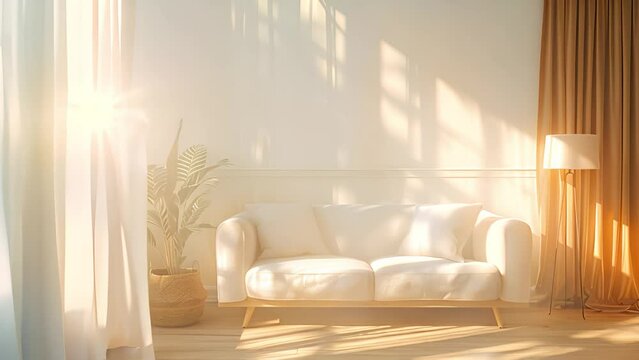 Cozy bright living room with sunlight shining trough window. Curtains moving next to white sofa. 3d rendering picture of an living room with sunlight shine through a sliding door, wooden floor 4k