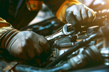 A mechanic repairs a car engine with a wrench in a car repair shop Concept car repair, Mechanical work, Car servicing 