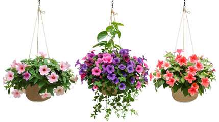 Set of hanging basket flowers including petunia, fuchsia, and lobelia, isolated on transparent background
