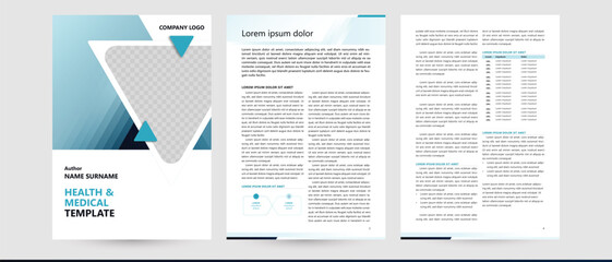 medicine veterinary pharmacy dentist document template, text information layout and cover design for booklet brochure catalogue report proposal newsletter or flyer. triangle shapes background in blue