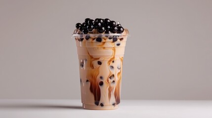 Iced Bubble Tea in Clear Plastic Cup, Refreshing Beverage with Tapioca Pearls, Asian Inspired Drink