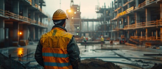 Fototapeta premium The engineer contractor, wearing a hard hat and safety vest, stands with authority as they survey the industrial building construction site, ensuring everything is in order 8K , high-resolution, ultr