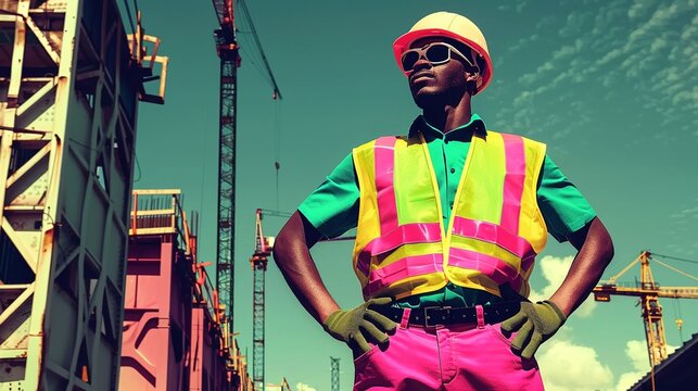 Standing tall, the engineer contractor wears a hard hat and safety vest, looking out at the industrial building construction site, embodying professionalism and commitment to the project