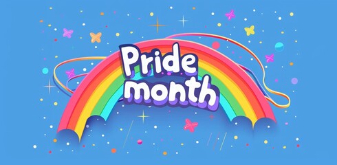 Pride month background design with a rainbow and text "Pride month" on a blue background. Isolated flat design graphic for a web banner, white outline.