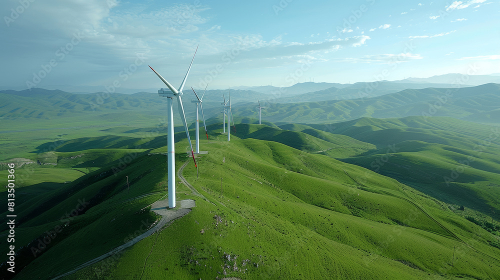 Wall mural A row of white wind turbines far away on the green rolling hills against blue sky, landspace in Xinjiang