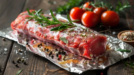 Roll with a piece of raw meat on aluminium foil with tomatoes, rosemary and spices on a wooden background. Healthy food concept.