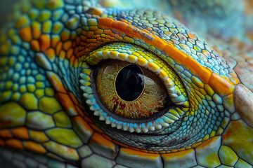A close up of a colorful lizards eye