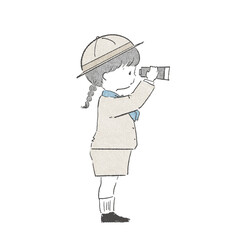 双眼鏡を覗く探検隊の女の子