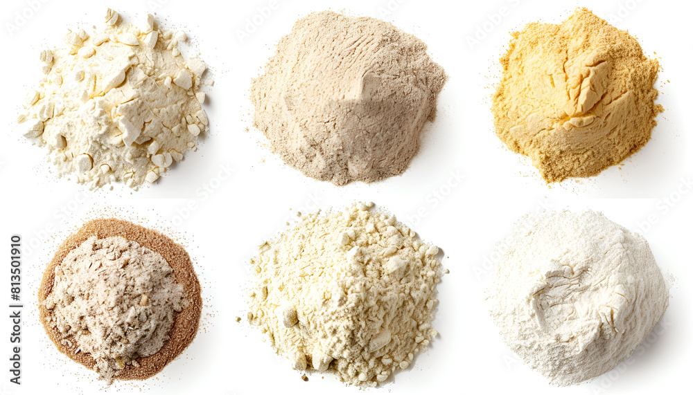 Wall mural Different types of flour on white background, top and side views